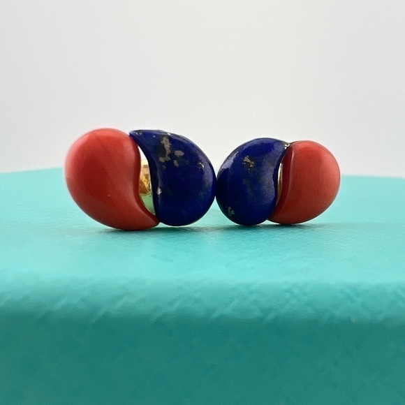 Vintage Tiffany & Co. Coral and Lapis Double Teardrop Earrings 18k 💙❤️ - Picture 1 of 4